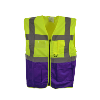 YOKO Warnweste Executive - Gelb/Violett  mit vielen Taschen und Reißverschluss