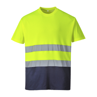 2-farbiges Baumwoll Komfort T-Shirt gelb/navy EN 20471