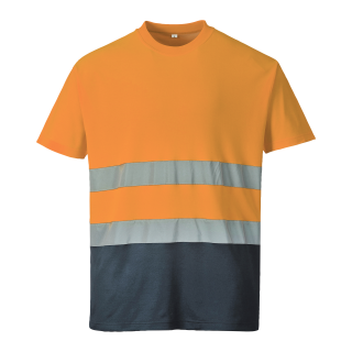 2-farbiges Baumwoll Komfort T-Shirt orange/navy EN 20471