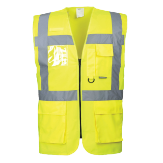 Warnweste BERLIN Executive - Gelb mit vielen Taschen und Reißverschluss nach EN ISO 20471 größe L (ca. 118 cm Umfang)