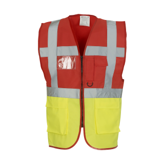YOKO Warnweste Executive - Rot/Gelb  mit vielen Taschen und Reißverschluss größe L (Umfang ca. 118 cm)