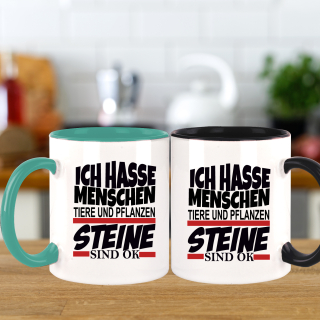 FUNNYWORDS&reg; Rote Streifen Serie ICH HASSE MENSCHEN - STEINE SIND OK Kaffeebecher