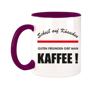 FUNNYWORDS&reg; Rote Streifen Serie Scheiss auf K&uuml;sschen - KAFFEE Kaffeebecher Violett