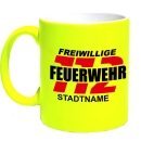 Neongelbe Feuerwehr Tasse FW2502 inkl. Wunschtext