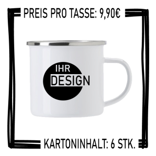 Emaille Tasse 300ml weiß Rand silber Metalltasse Robust inkl. 4C Aufruck