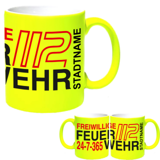 Neongelbe Freiwillige Feuerwehr Tasse FW2000 inkl. Wunschtext