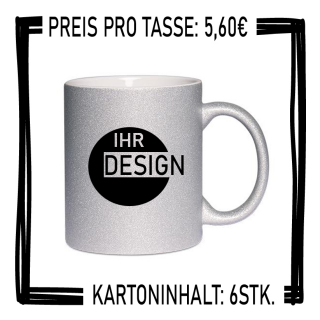 Kaffeetasse Glitzertasse Brokat Silber inklusive Druck