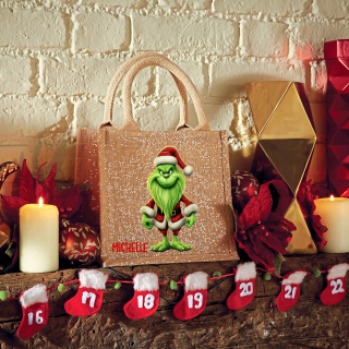 Green Santa -  Gold Jute Mini Geschenk-Tache  - mit Namen - Jute Tasche | Geschenktasche | Dankeschön - Geschenkidee - Wichteln