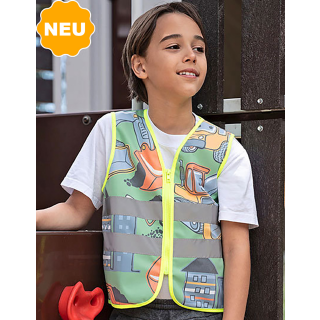 Kinder Motiv Weste Warnschutzweste Arbeit Bagger + Traktor