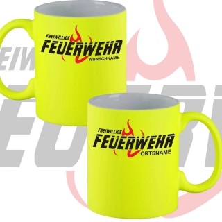 Neongelbe Feuerwehr Tasse FW2510 inkl. Wunschtext NEON TASSE Freiwillige Feuerwehr Rot/schwarz
