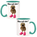 was soll das ! Statement Tasse Eule mit Neonpinken Schuhen Design Büro Kaffee Teetasse