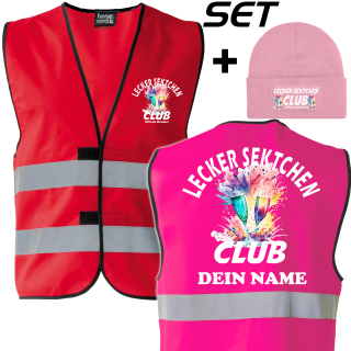 Lecker Sektchen Club Spar Set – Warnweste mit Namen und Beanie für echte Mitglieder
