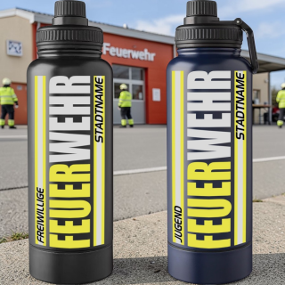 1000 ml Personalisierte Feuerwehr Trinkflasche / Isolierflasche schwarz / Blau + Geheimfach  mit Wunschdruck
