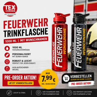 Pre-Order Aktion Feuerwehr Trinkflasche 5010 farbig 1000ml  inkl. Wunschnamen