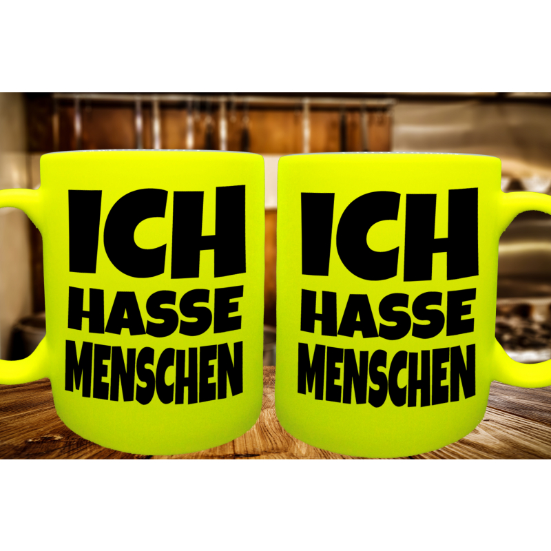 FUNNYWORDS® ICH HASSE MENSCHEN Fun NEON Tasse Kaffeebecher, 1
